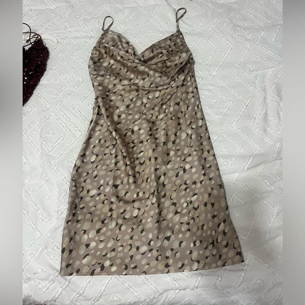 Animal print cowl neck silk mini dress